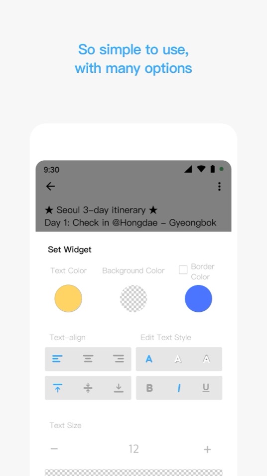The Set Widget screen with text colour, background colour and border colour pickers, text alignment buttons, bold, italic and underline, and a text size control.