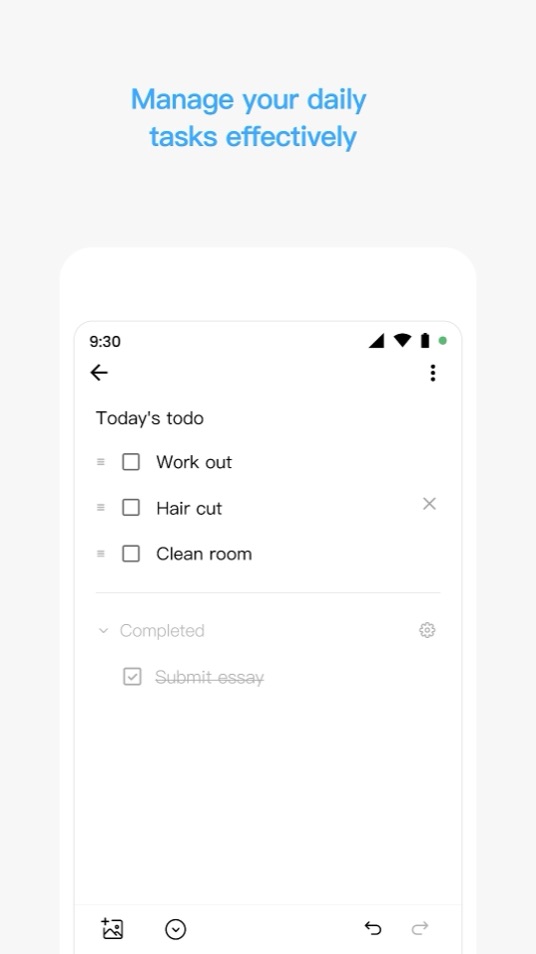 A to-do list titled Today's todo with Work out, Hair cut and Clean room unchecked, and Submit essay under Completed.