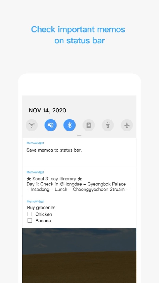 The Android notification shade showing three memos pinned by Memo Widget: a reminder, a travel itinerary and a grocery checklist.