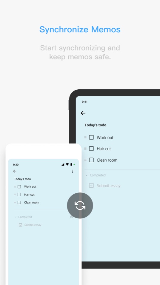 The same to-do list shown on a phone and on a tablet, with a sync icon between them.