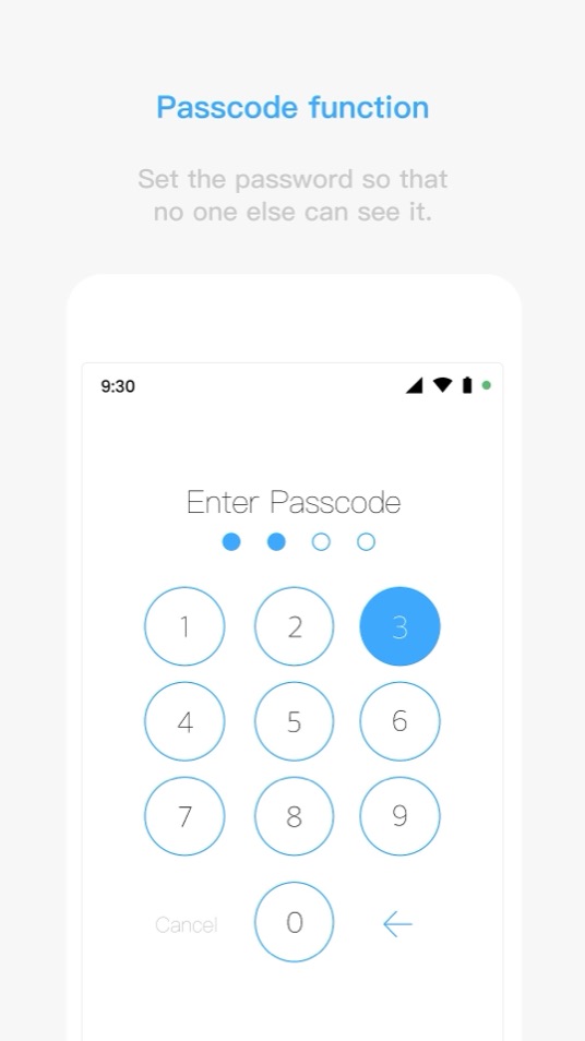 An Enter Passcode screen with a numeric keypad and two of four digits entered.